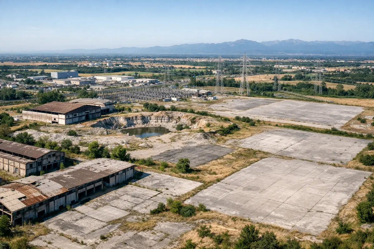 Area industriale dismessa con piazzali vuoti, vista dall’alto