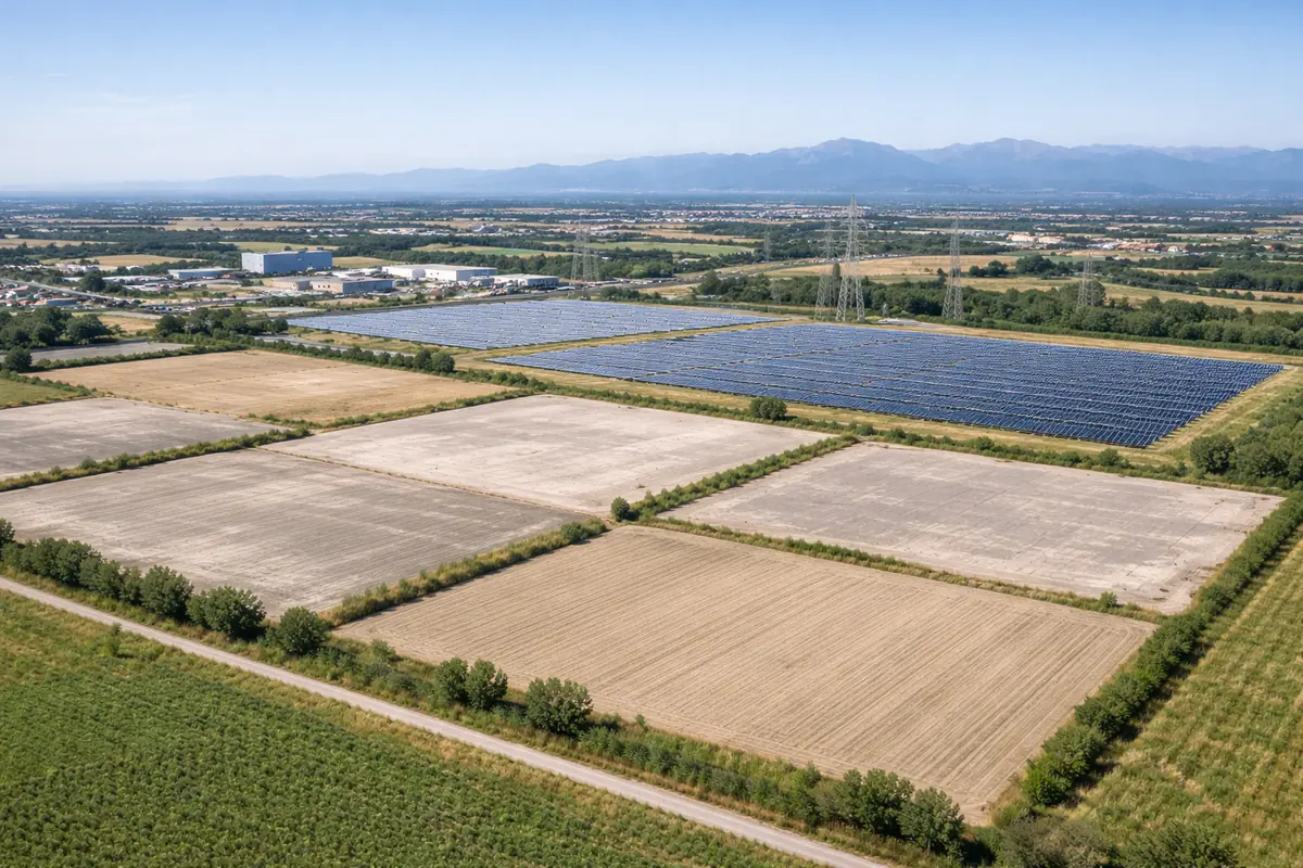 Impianto fotovoltaico a terra tra i campi in pianura