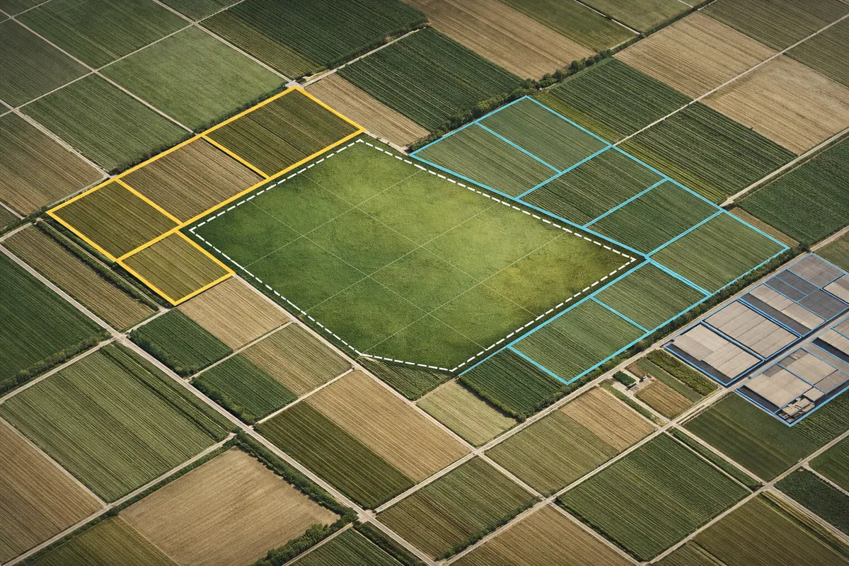 Terreno agricolo visto dall’alto con il perimetro delle particelle evidenziato