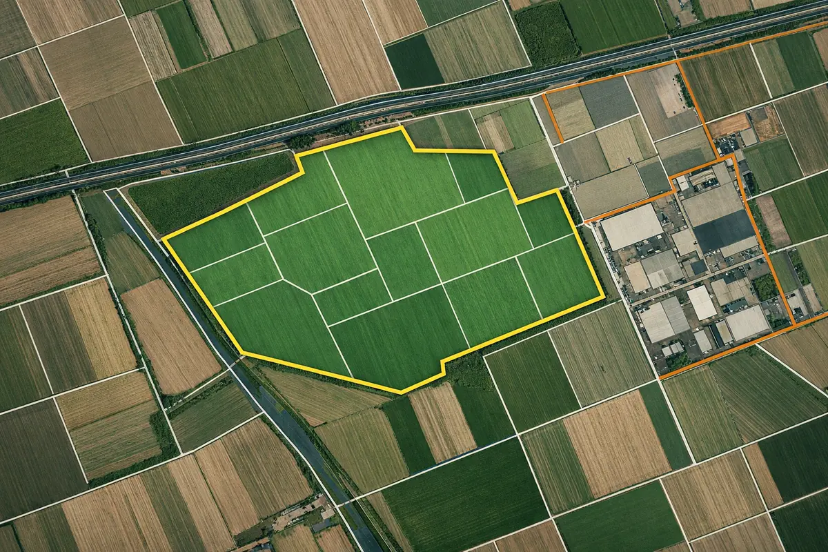 Terreno agricolo delimitato accanto a una strada e a un’area industriale, visto dall’alto
