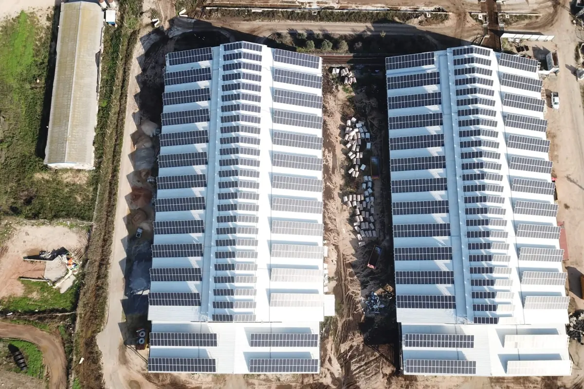 Due capannoni agricoli affiancati con il tetto coperto da pannelli fotovoltaici